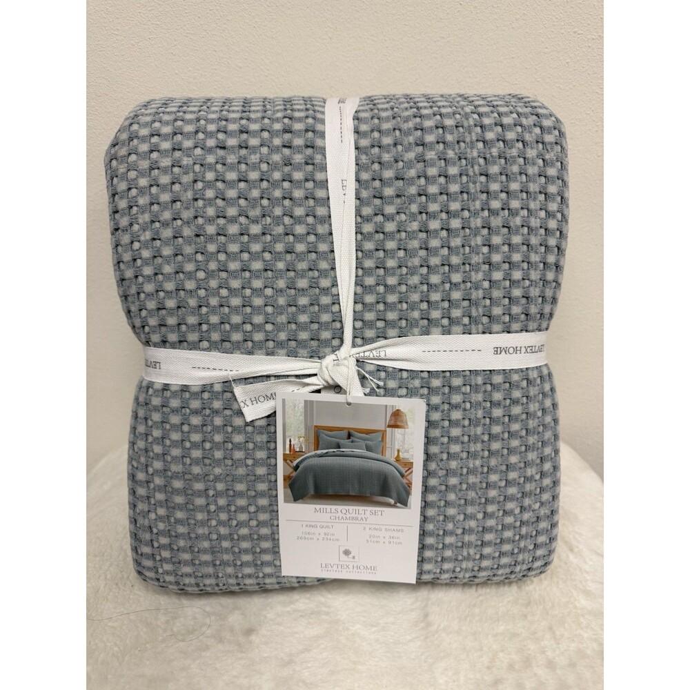 Levtex Home Mills Waffle King 3 Piece Quilt Set Chambray 100% Cotton